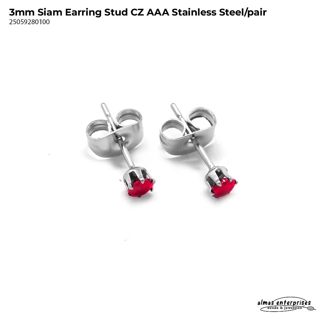 Stud Earring Siam CZ AAA Stainless Steel/pair