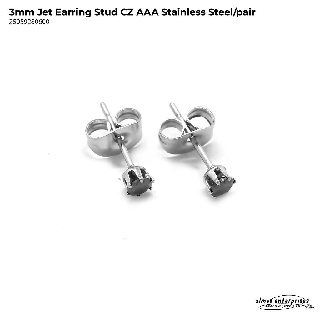 Stud Earring Jet CZ AAA Stainless Steel/pair